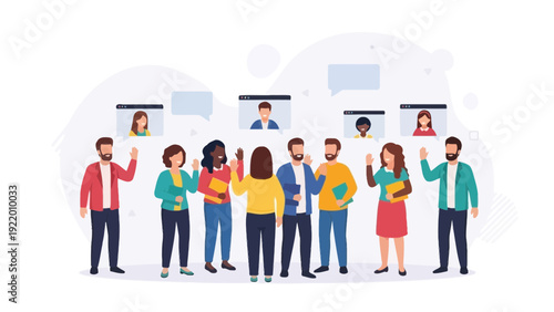 Diverse team participating in a virtual meeting, waving hello