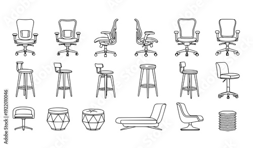Minimal Office Chair and Bar Stool Monoline Icons Furniture Outline Vector Pack