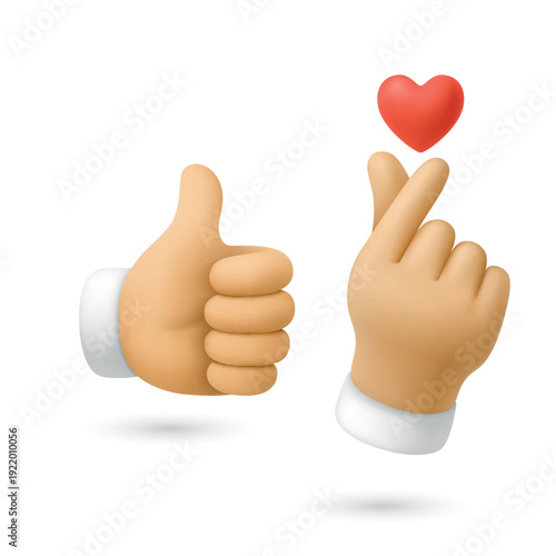 Vector 3d Like and Love Hands Set, Isolated. Like and Love Hands. Thumbs Up and Finger Heart Gesture with Red Heart Icon. Social Media Reaction Symbol, Isolated