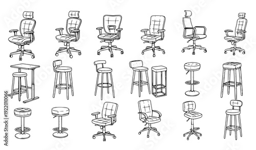 Office Chairs and Bar Stools Sketch Style Vector Icon Set Furniture Outline Collection