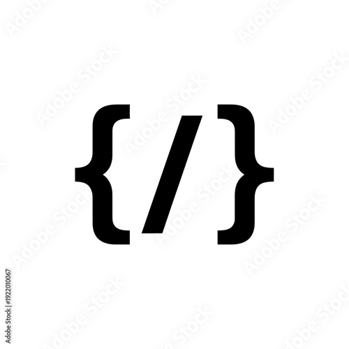 Minimalist graphic icon visualizing programming syntax, featuring essential curly braces embracing a forward slash, symbolizing modern web development, software engineering, and structured code logic
