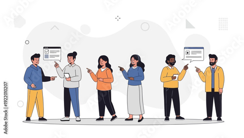 Diverse group of people communicating and sharing ideas with speech bubbles