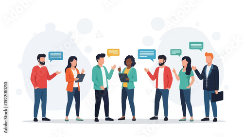 Diverse group of people communicating and sharing ideas, business meeting illustration