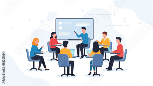 Diverse group of people in a meeting, learning and collaborating around a screen