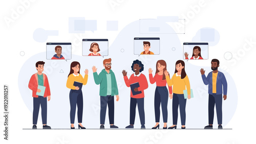 Diverse group of people in online meeting, remote teamwork, communication