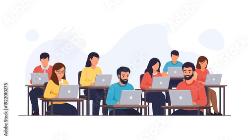 Diverse Group of Students Learning with Laptops in a Classroom