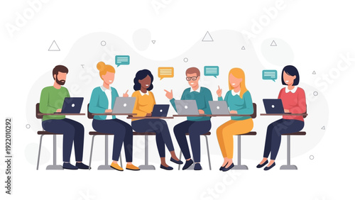 Diverse people collaborating on laptops in a modern office meeting