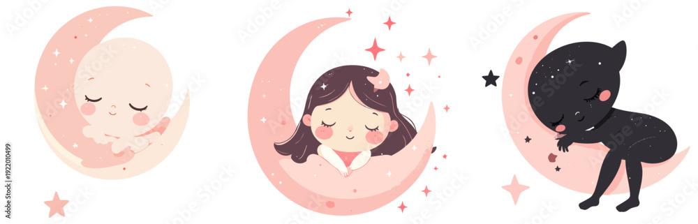 Obraz premium Alien Baby Shower Moon Vector Set – Kawaii Cartoon Cosmic Nursery Illustration Collection