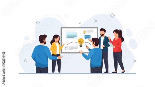 Diverse team brainstorming ideas at a whiteboard presentation, teamwork and strategy