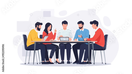 Diverse team collaborating around table, business meeting, brainstorming ideas, teamwork illustration