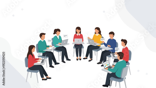 Diverse team collaborates in circle with laptops, discussing ideas, learning, training