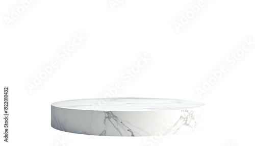 A white marble cylinder pedestal sits centered against a stark black background