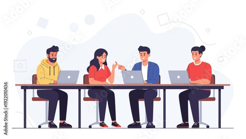 Diverse team collaborating during a meeting with laptops on a long table