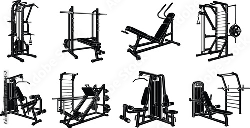Eight black exercise machines arranged in two rows of four for weightlifting and strength training