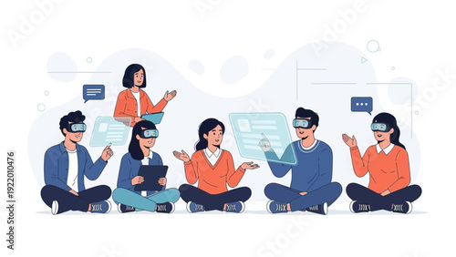 Diverse team collaborating in virtual reality, using VR headsets for immersive technology.