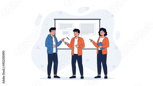 Diverse team collaborating on a presentation concept near a whiteboard