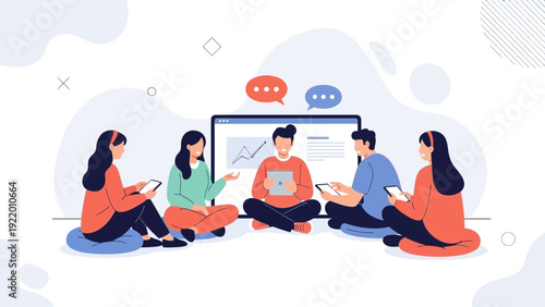 Diverse team collaborating on strategy planning with digital tools and discussion bubbles