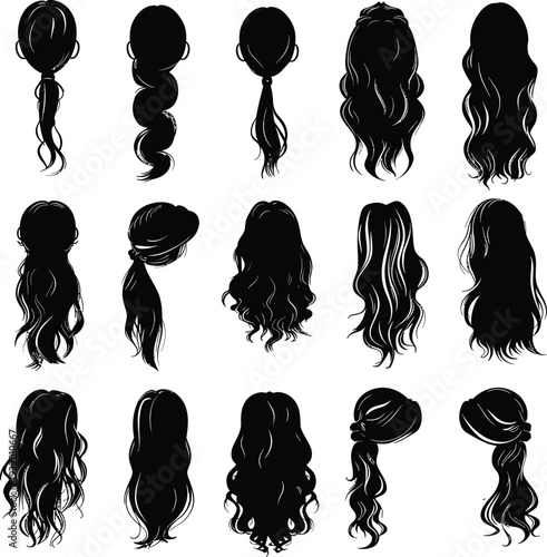 Long hairstyle silhouettes. Vector set. Female hair back view in different styles. Beauty and salon concept.