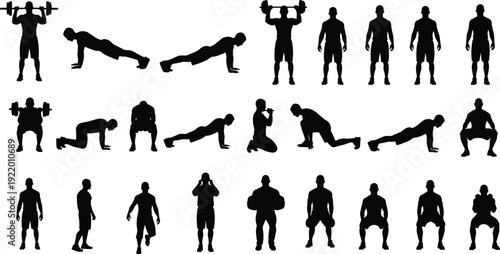 Silhouettes of people performing various exercises and activities in black and white