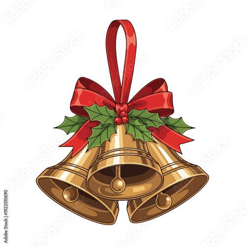 Golden Christmas Bells with Red Ribbon Holly.