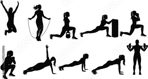 Silhouettes of people performing various exercises and fitness activities in black and white workout 4