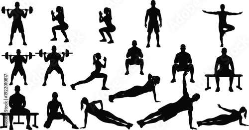 Silhouettes of people performing various exercises and fitness activities in black and white workout 3