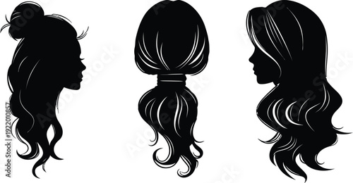 Curly and straight hairstyle silhouettes. Vector collection. Women hair profile icons. Fashion and beauty theme.