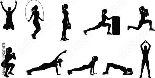 Silhouettes of people performing various exercises and fitness activities in black and white workout 5