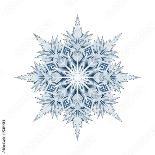 Intricate Blue Snowflake Design on White Background.