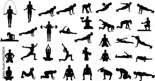 Silhouettes of people performing various exercises and yoga poses on a white background workout