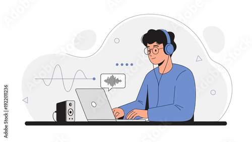 Man with headphones working on laptop, sound wave illustration, audio editing concept