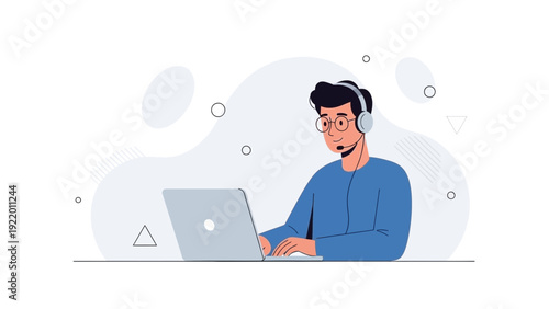 Man with headset and laptop, customer support, online communication, remote work concept
