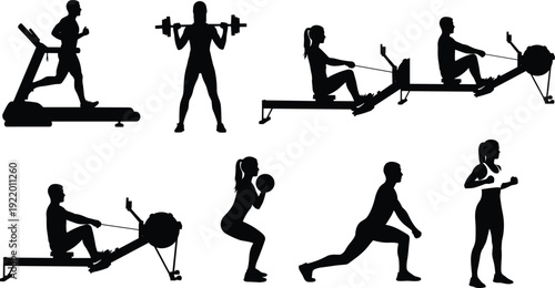 Silhouettes of people performing various indoor exercise routines including rowing, weightlifting, and squats
