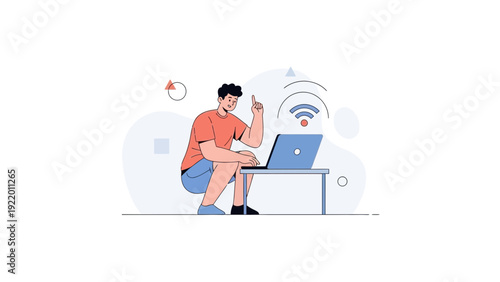 Man with Laptop, Idea, Wifi Connection, Remote Work Concept