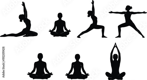 Silhouettes of people performing various yoga poses on a white background black 1