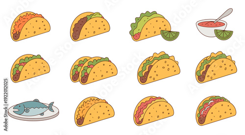 traditional mexican tacos assortment featuring a variety of savory fillings, fresh cilantro, onions, and lime wedges arranged on a rustic wooden background, professional food photography for authentic