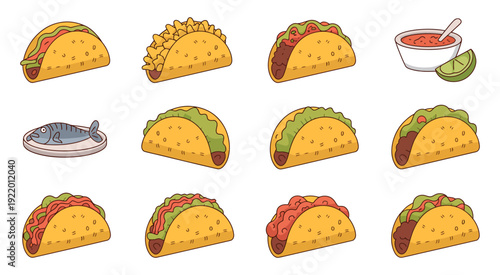 traditional mexican tacos assortment featuring a variety of savory fillings, fresh cilantro, onions, and lime wedges arranged on a rustic wooden background, professional food photography for authentic