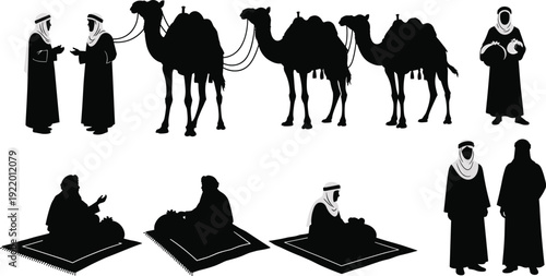 Black Silhouette Set of Arab Traders with Camels Sitting on Prayer Rugs and Carrying Goods Isolated on White Background Vector