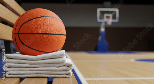 Basketball on Bench Court Background Sports Equipment