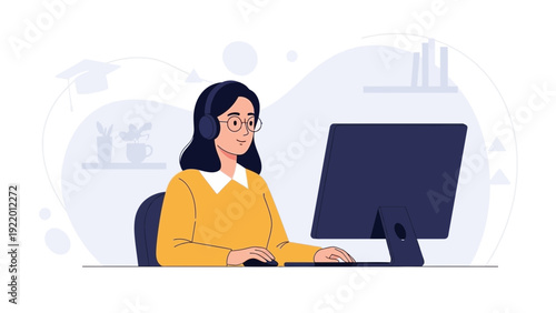 Student Learning Online with Computer and Headphones