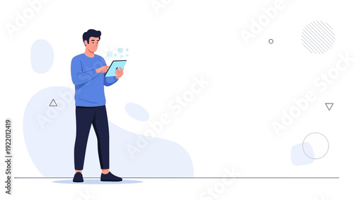 Man using tablet computer with futuristic interface, digital technology concept