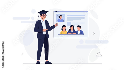 Graduation Cap Man Points to Online Profile Page with Diverse People