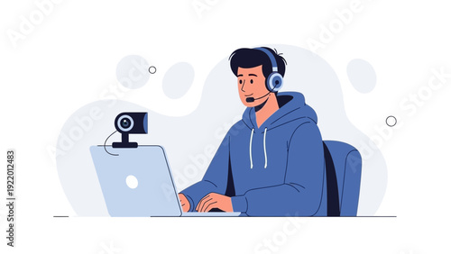 Gamer with Headphones and Webcam Using Laptop for Online Gaming or Streaming