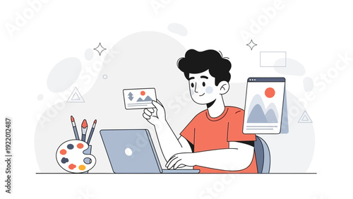 Graphic Designer Working on Laptop with Creative Tools and Digital Concepts