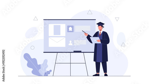 Graduation Speaker Presents Information on Whiteboard with Digital Tablet