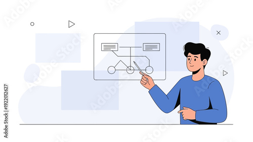 Man points at flowchart diagram on screen, illustrating business process or strategy.