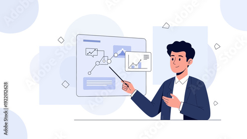 Man presenting financial data on a digital whiteboard, business analytics concept