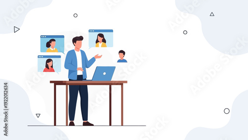 Man presenting online meeting with floating video call participants and laptop