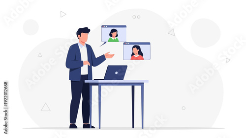 Man presenting online meeting with remote colleagues on laptop screen