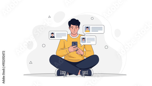 Man Sitting Cross-Legged Using Smartphone with Chat Bubbles